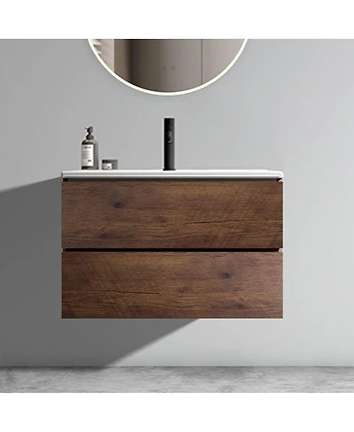 Thirtypeachy 30" Modern Walnut Wall Mount Vanity With Ceramic Sink, Single-Hole Top U-Channel Storage, Dtc Silent Close
