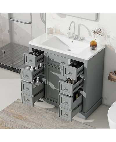 Sillysis 36" Bathroom Vanity with Ceramic Sink, Solid Wood Mdf Cabinet 6 Drawers, Adjustable Shelf for Storage