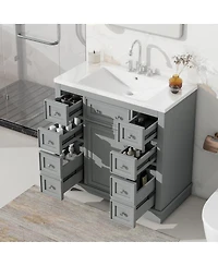 Sillysis 36" Bathroom Vanity with Ceramic Sink, Solid Wood Mdf Cabinet 6 Drawers, Adjustable Shelf for Storage