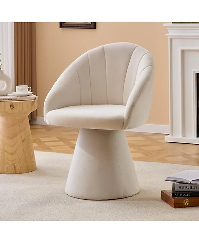 Rainsken Swivel Accent Chair, Chenille Fabric Upholstered Armchair with Curved Backrest and High Cylindrical Base for Living Room and Bedroom