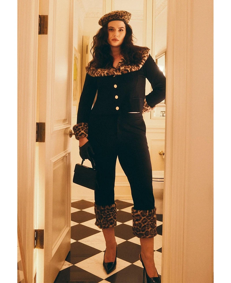 Eloquii Women's Plus Leopard Faux Fur Trim Pant