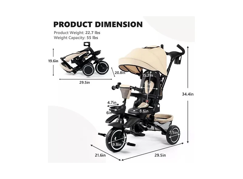 Kinder King 8-in-1 Folding Kids Tricycle Stroller with Adjustable Push Handle, Convertible Toddler