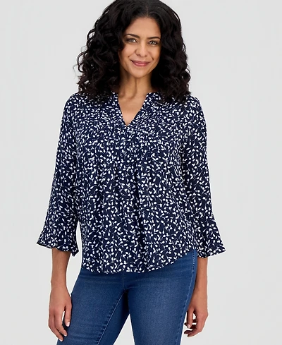 Style & Co Women's Printed Pintuck Ruffle Sleeve Top, Created for Macy's
