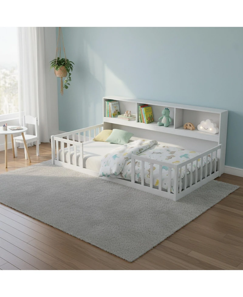 Sugift Montessori Floor Bed with Bookcase Headboard