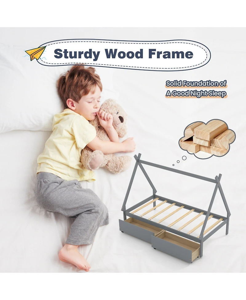 Gouun Twin Size Wooden Tent Platform House Bed with 2 Drawers