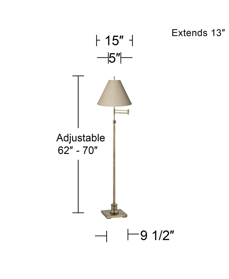 360 Lighting Swing Arm Floor Lamp Adjustable Height 70" Tall Antique Brass Fine Burlap Fabric Empire Shade for Living Room Reading Bedroom