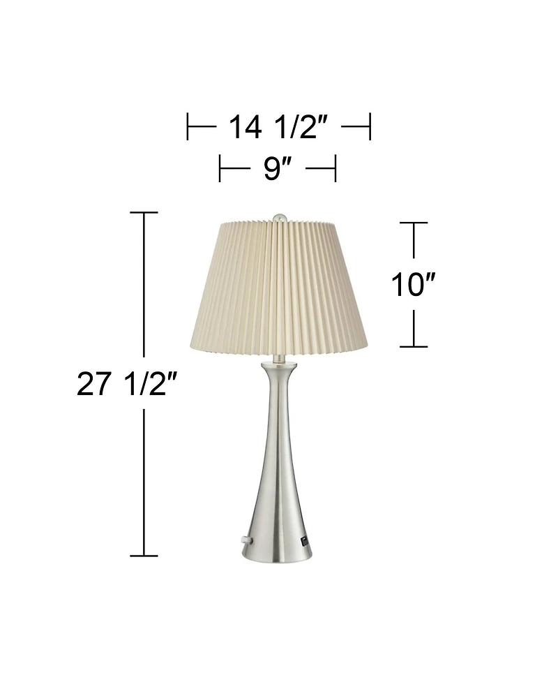 360 Lighting Karl Modern Table Lamps 27 1/2" Tall Set of 2 Brushed Nickel with Usb Charging Port Dimmers Ivory Pleat Shade for Bedroom Bedside Ho