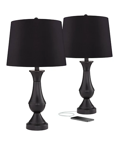 Regency Hill Traditional Table Lamps 25" High Set of 2 with Usb Port Bronze Metal Led Touch On Faux Silk Drum Shade for Bedroom Living Room