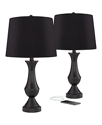 Regency Hill Traditional Table Lamps 25" High Set of 2 with Usb Port Bronze Metal Led Touch On Faux Silk Drum Shade for Bedroom Living Room