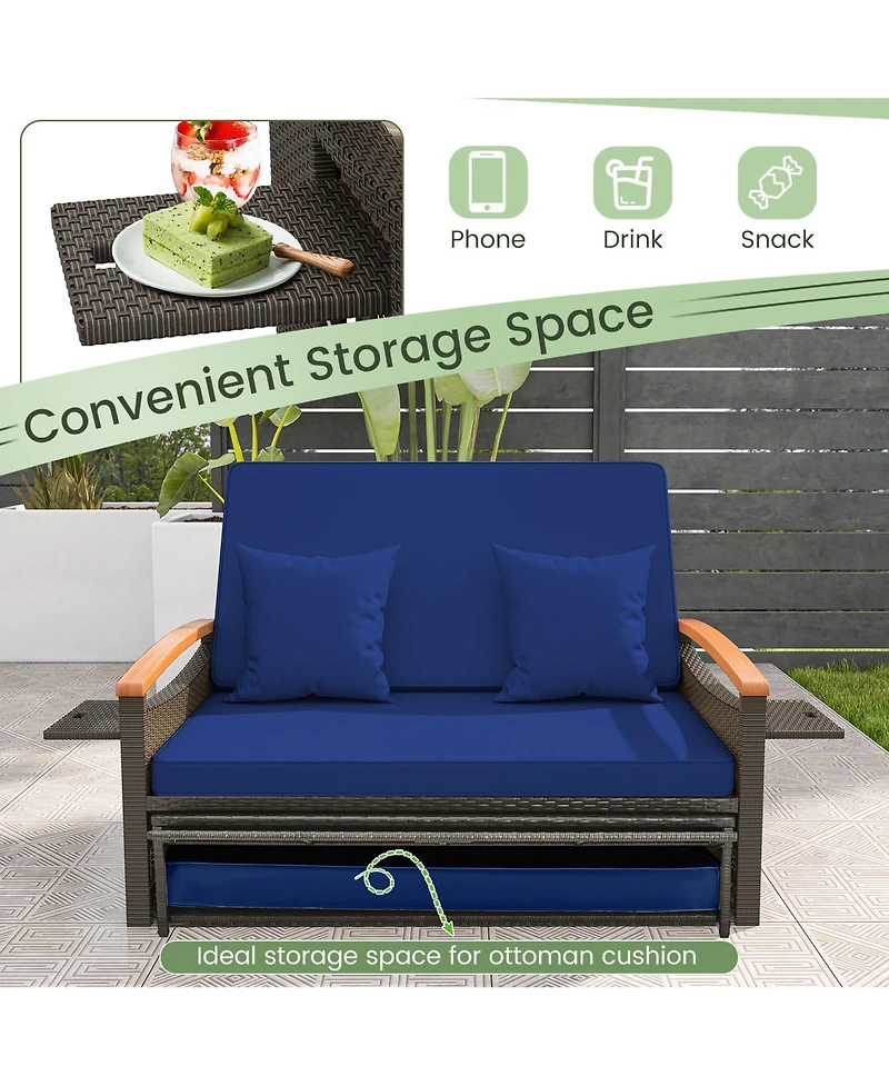Gymax Outdoor Wicker Daybed Patio Loveseat and Storage Ottoman Set w/ Navy Cushions