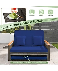 Gymax Outdoor Wicker Daybed Patio Loveseat and Storage Ottoman Set w/ Navy Cushions