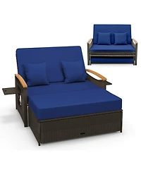 Gymax Outdoor Wicker Daybed Patio Loveseat and Storage Ottoman Set w/ Navy Cushions