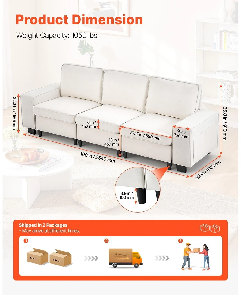 Gouun 100 in Modular 3-Seater Sofa with Deep Seats, Hidden Storage, and Velvet Upholstery