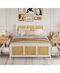 gaomon King Rattan Storage Bed- Led Lights 4 Drawers Woven Front Mdf Wood Frame
