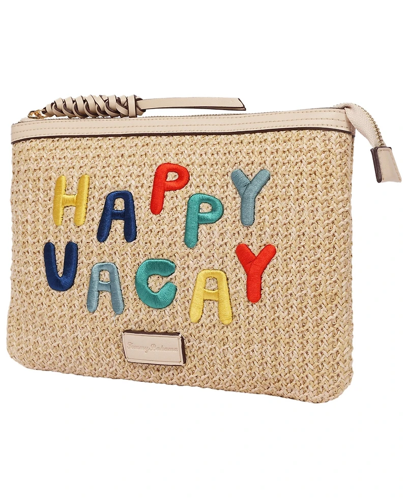 Tommy Bahama Happy Vacay Raffia Clutch – Woven Straw Zip Pouch with Embroidered Lettering