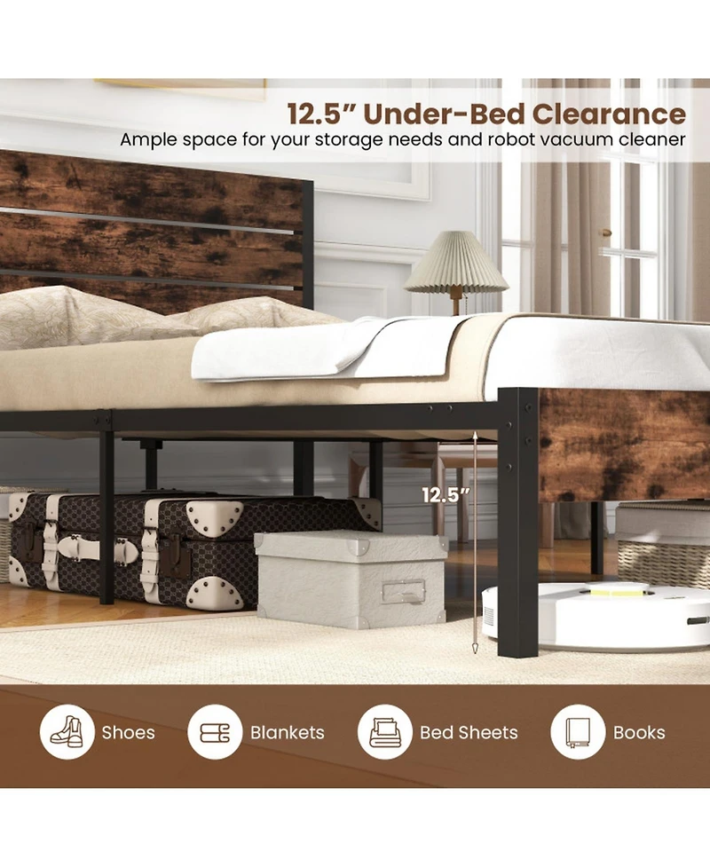 Gouun Metal and Wood Platform Bed Frame with Headboard and Noise-Free Slats