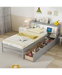 Gouun Solid Wood Platform Bed Frame with Led Lights and Headboard and Bookcase Headboard
