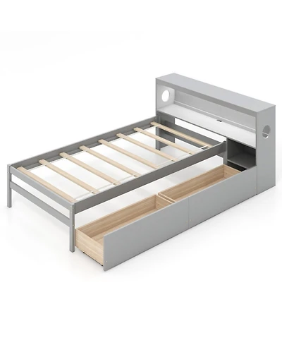 Gouun Solid Wood Platform Bed Frame with Led Lights and Headboard and Bookcase Headboard