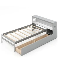 Gouun Solid Wood Platform Bed Frame with Led Lights and Headboard and Bookcase Headboard
