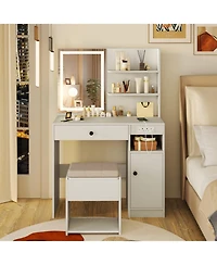 Gouun Vanity Desk with Lighted Mirror Storage Cabinet and Cushioned Stool