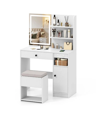 Gouun Vanity Desk with Lighted Mirror Storage Cabinet and Cushioned Stool