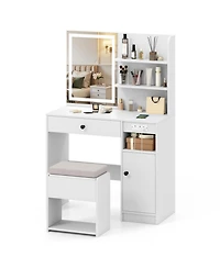 Gouun Vanity Desk with Lighted Mirror Storage Cabinet and Cushioned Stool