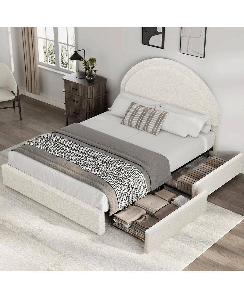 gaomon Bed Frame Storage Drawers Upholstered Boucle Platform Round Headboard Heavy Duty Noise-Free No Box Sprin