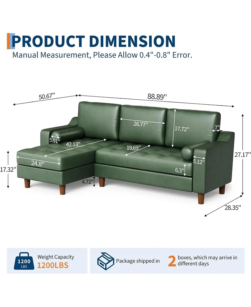 gaomon 88.9" L-Shaped Sofa with Chaise, Mid-Century Modern 3-Seater Couch
