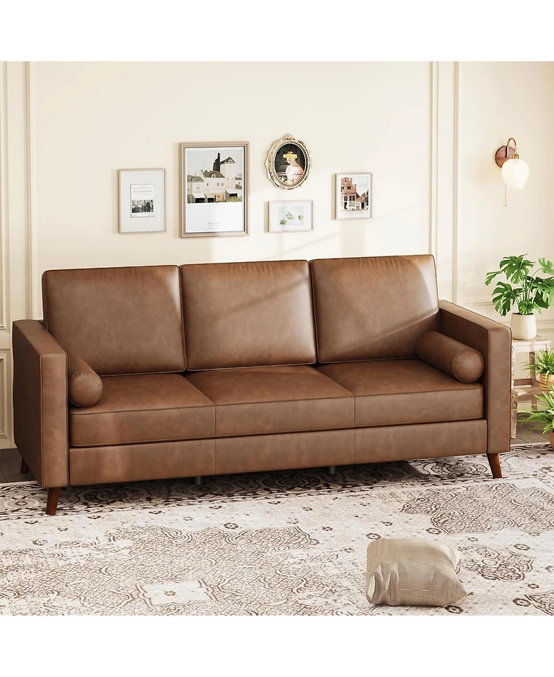 gaomon 81" Faux Leather Sofa, Mid-Century Modern 3-Seater Couch with Deep Seat and Removable Cover
