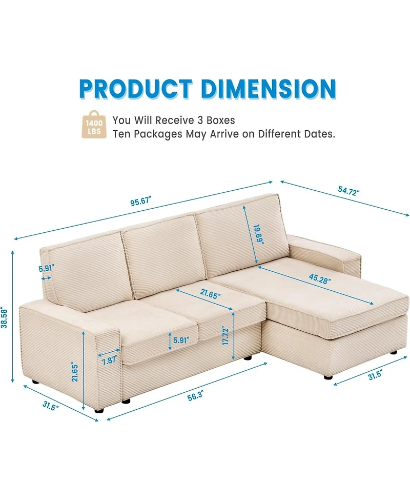 gaomon L-Shaped Modular Sectional Sofa, Deep Seat Corduroy Couch with Chaise, Convertible Sleeper Sofa