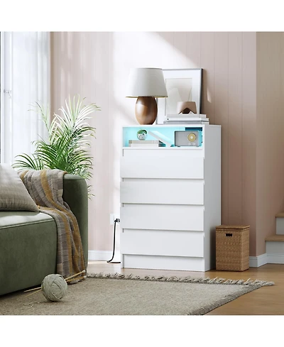 gaomon 4 Drawer Double Dresser with Power Outlet, Accent Chests of Drawers with Led Light, Modern Storage Dresser with Charging Station