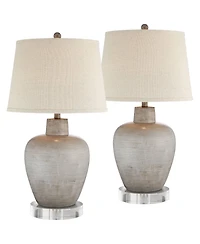Regency Hill Glenn Rustic Farmhouse Table Lamps Set of 2 with Round Risers 28 1/2" Tall Neutral Fabric Drum Shade for Bedroom Living Room Nightst