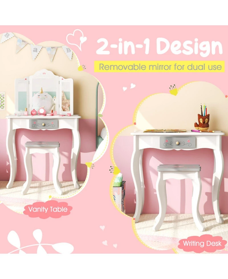 Gouun Kids Vanity Table and Chair Set with Tri-Folding Mirror and Drawer