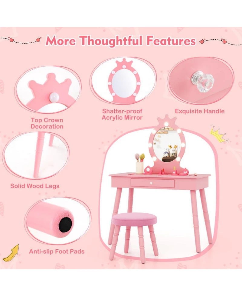 Gouun Kids Vanity Set with Led Lighted Mirror and Adjustable Brightness