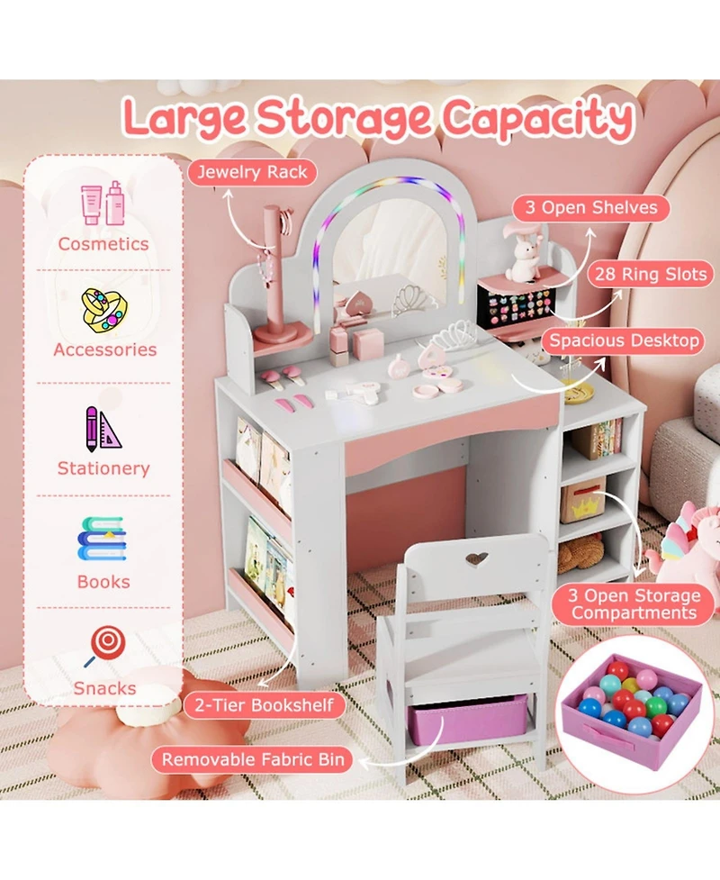 Gouun Kids Vanity Set with Led Lights and Makeup Dressing Table with Chair