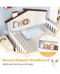 Gouun Twin Kids Montessori Bed with Storage Shelves and House-Shaped Headboard