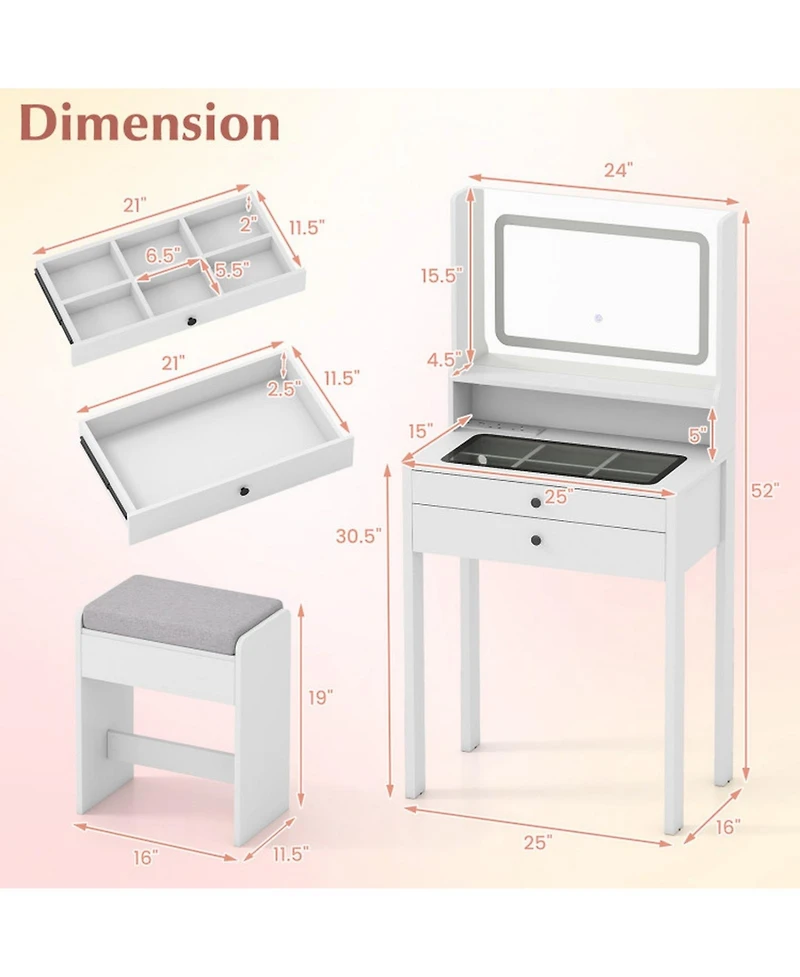 Gouun Small Vanity Desk with Lighted Mirror and Stool Set for Bedroom