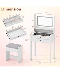 Gouun Small Vanity Desk with Lighted Mirror and Stool Set for Bedroom
