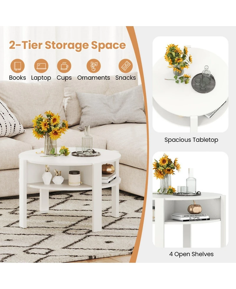 Gouun 29.5 in Round Coffee Table with Side Storage Shelves for Small Spaces