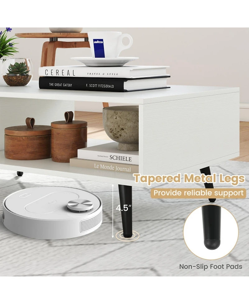 Gouun 31.5 in Mid-Century Modern 2-Tier Coffee Table with Open Compartments