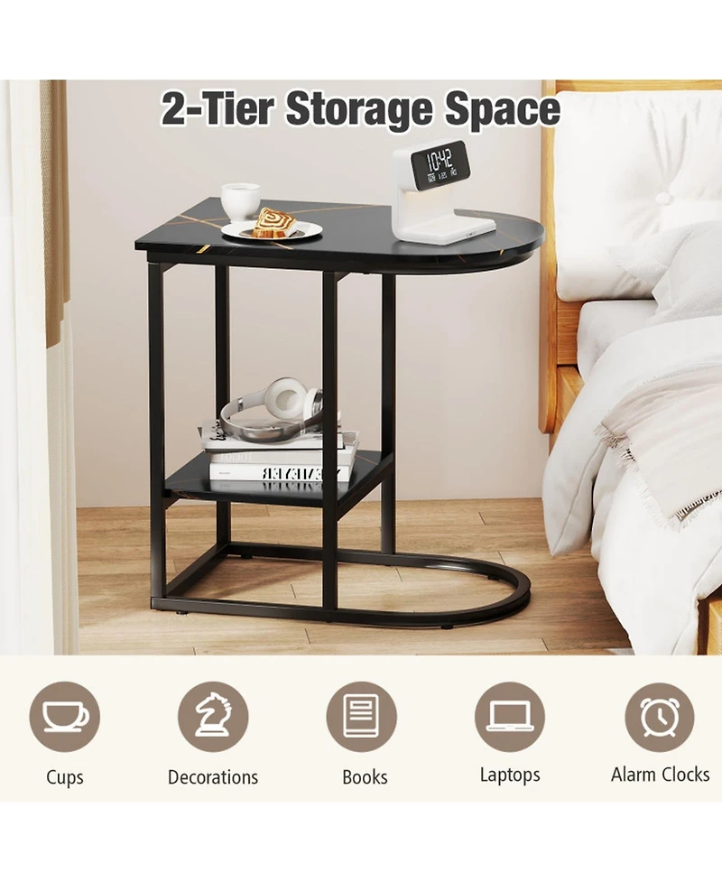 Gouun C-Shaped Modern Sofa Side Table with Faux Marble Top and Storage Shelf