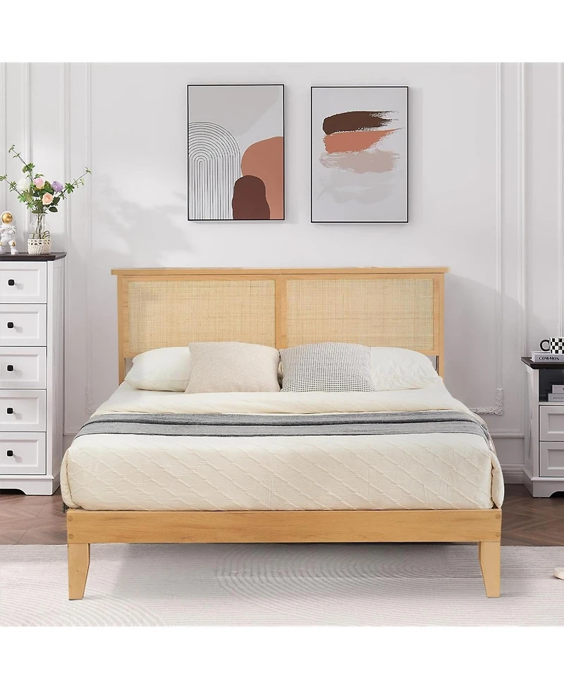 gaomon Rattan Bed Frame Bohemian Headboard Led Lights No Box Spring Easy Assembly Space-Saving