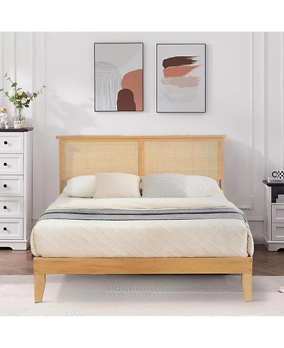 gaomon Rattan Bed Frame Bohemian Headboard Led Lights No Box Spring Easy Assembly Space-Saving
