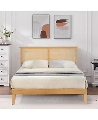 gaomon Rattan Bed Frame Bohemian Headboard Led Lights No Box Spring Easy Assembly Space-Saving
