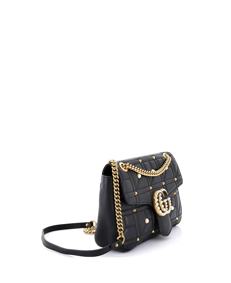 Pre-Owned Gucci Medium Pearly Gg Marmont Flap Bag Embellished Matelasse Leather