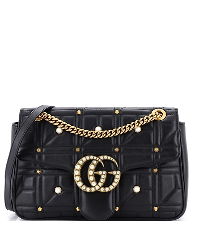 Pre-Owned Gucci Medium Pearly Gg Marmont Flap Bag Embellished Matelasse Leather