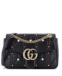 Pre-Owned Gucci Medium Pearly Gg Marmont Flap Bag Embellished Matelasse Leather