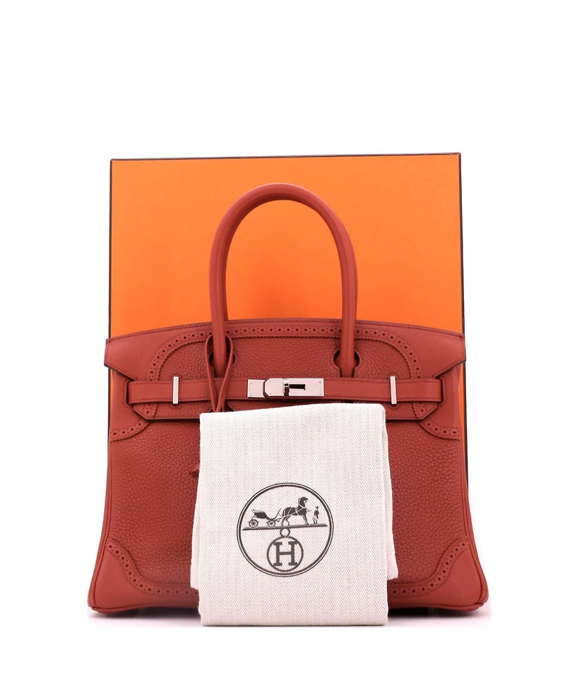 Pre-Owned HERMES Birkin 30 Handbag Orange Clemence and Evercolor with Palladium Hardware