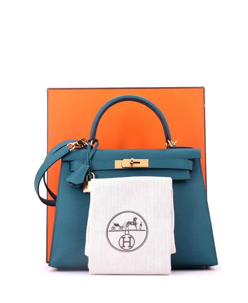 Pre-Owned HERMES Kelly 28 Handbag Green Epsom with Gold Hardware