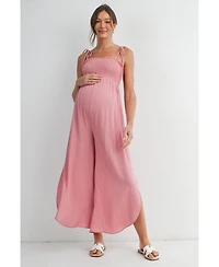 Hello Miz Maternity Smocked Wide-Leg Jumpsuit with Tie Shoulders and Side Slit